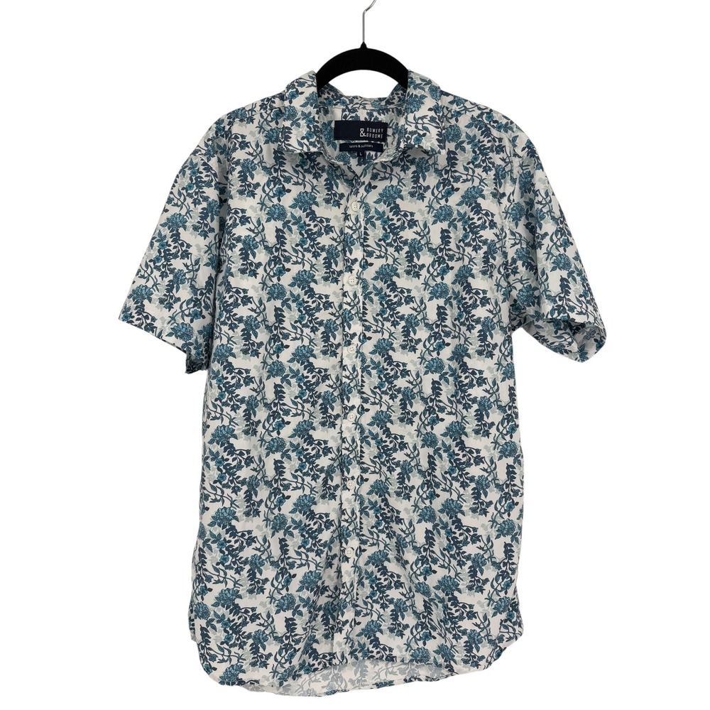 Bowery & Broome Mens Blue Floral Short Sleeve Button Down Shirt Large SM309S